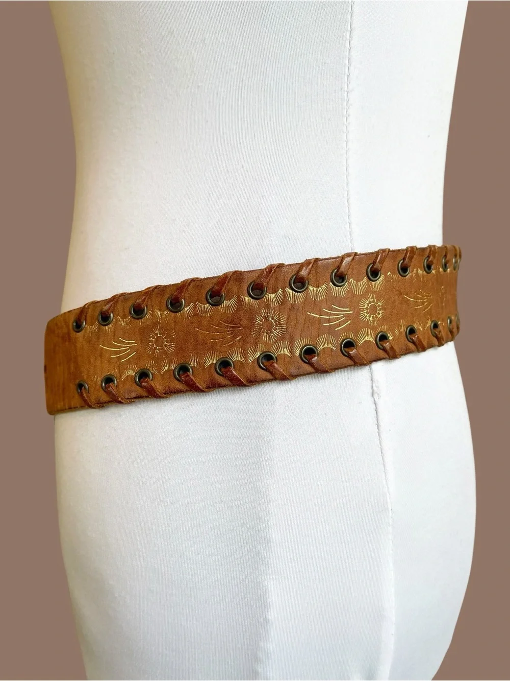 Streets Ahead Cognac Leather Belt Square Patina Buckle Boho Vintage 90s Size M/L
